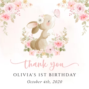 Cute Bunny, Pink Flowers Birthday Square Favor Tags, Printable File, SH182: Cute Bunny and Pink Watercolor Flowers First Birthday Mini Bundle
