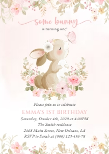 Cute Bunny, Pink Flowers Birthday Invitation, Birthday Stationery, Printable File, SH182: Cute Bunny and Pink Watercolor Flowers First Birthday Mini Bundle