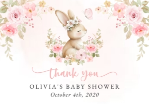 Baby Bunny and Pink Watercolor Flowers Baby Shower Thank You Card design preview