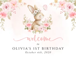 Baby Bunny, Pink Flowers Welcome Sign, Birthday Sign, Printable File, SH186, 18x24: Baby Bunny and Pink Flowers Welcome Sign - First Birthday Sign