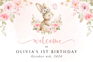 Baby Bunny, Pink Flowers Welcome Sign, Birthday Sign, Printable File, SH186, 24x36: Baby Bunny and Pink Flowers Welcome Sign - First Birthday Sign