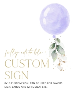 Purple Balloon and Eucalyptus Leaves Baby Shower Custom Sign design preview