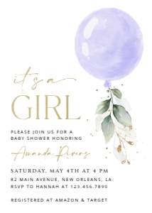 Purple Balloon Baby Shower Invitation, Girl Baby Shower, Printable File, SH187: Purple Balloon and Eucalyptus Leaves Baby Shower Invitation Suite