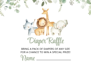 Safari Animals Diaper Raffle, Baby Shower Stationery, Printable File, SH189: Safari Animals and Greenery Baby Shower Invitation Suite