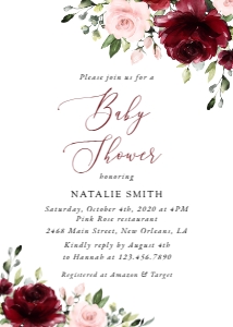 Burgundy and Blush Flowers Baby Shower Invitation design preview