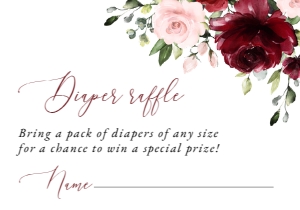 Burgundy and Blush Flowers Diaper Raffle, Baby Shower Stationery, Printable File, SH193: Burgundy and Blush Flowers Baby Shower Invitation Suite