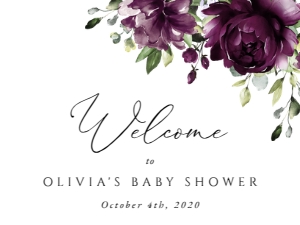 Plum Flowers Welcome Sign, Baby Shower Sign, Printable File, SH196, 18x24: Plum Purple Flowers Welcome Sign - Baby Shower Sign - Party Sign