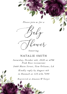 Plum Purple Flowers Baby Shower Invitation, Baby Shower Stationery, Printable File, SH196: Plum Purple Flowers Baby Shower Invitation Suite