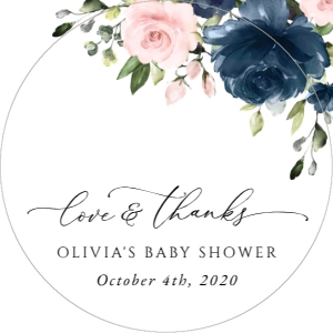 Navy and Blush Flowers Baby Shower Circle Favor Tags, Gift Tags, Printable File, SH198: Navy and Blush Pink Flowers Baby Shower Favor Tags