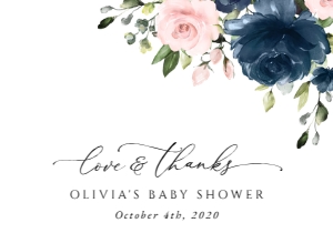 Navy and Blush Flowers Thank You Card, Baby Shower Stationery, Printable File, SH198: Navy and Blush Pink Flowers Baby Shower Thank You Card