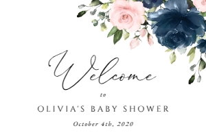 Navy and Blush Flowers Welcome Sign, Baby Shower Sign, Printable File, SH198, 24x36: Navy and Blush Pink Flowers Baby Shower Mini Bundle - Party Items