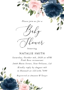 Navy and Blush Flowers Baby Shower Invitation, Baby Shower Stationery, Printable File, SH198: Navy and Blush Pink Flowers Baby Shower Mini Bundle - Party Items