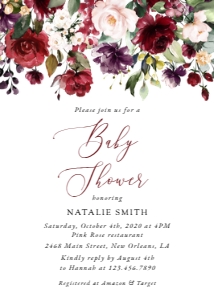 Burgundy, Purple and Blush Flowers Baby Shower Invitation Suite design preview