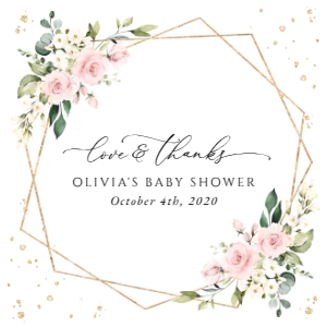 Pink Flowers and Gold Confetti Baby Shower Square Favor Tags, Gift Tags, Printable File, SH210: Pink Flowers and Gold Confetti Baby Shower Favor Tags