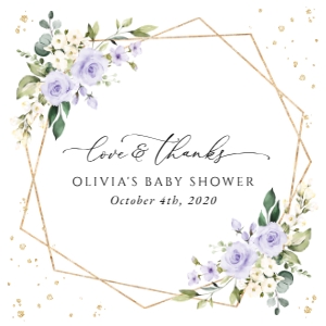 Purple Flowers and Gold Confetti Baby Shower Square Favor Tags, Gift Tags, Printable File, SH212: Purple Flowers and Gold Confetti Baby Shower Favor Tags
