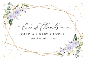 Purple Flowers and Gold Confetti Baby Shower Thank You Card design preview