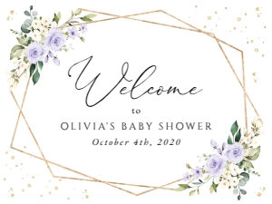 Purple Flowers and Gold Confetti Welcome Sign, Baby Shower Sign, Printable File, SH212, 18x24: Purple Flowers and Gold Confetti Welcome Sign - Baby Shower Sign