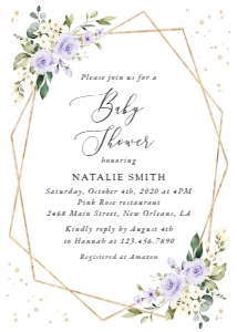 Purple Flowers and Gold Confetti Baby Shower Invitation design preview