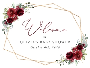 Burgundy Red Flowers Welcome Sign, Baby Shower Sign, Printable File, SH214, 18x24: Burgundy Red Flowers Welcome Sign - Baby Shower Sign - Party Sign