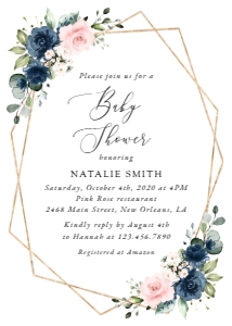Navy Blue and Blush Pink Flowers Baby Shower Invitation Suite design preview