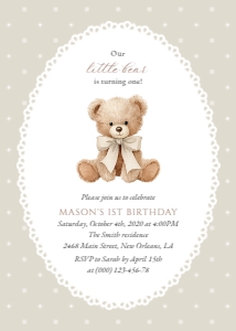 Teddy Bear, Beige Polka Dots First Birthday Invitation, Gender Neutral, Printable File, SH221: Teddy Bear and Beige Polka Dots First Birthday Invitation