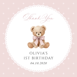 Teddy Bear, Pink Polka Dots Square Favor Tags, Printable File, SH224: Teddy Bear and Pink Polka Dots First Birthday Mini Bundle