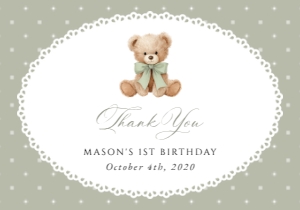 Teddy Bear, Green Polka Dots Thank You Card, Gender Neutral Birthday, Printable File, SH222: Teddy Bear and Green Polka Dots First Birthday Thank You Card