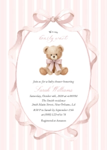 Teddy Bear, Pink Stripes Baby Shower Invitation, Girl Baby Shower, Printable File, SH227: Teddy Bear and Pink Stripes Baby Shower Invitation