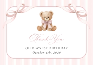 Teddy Bear and Pink Stripes First Birthday Thank You Card design preview