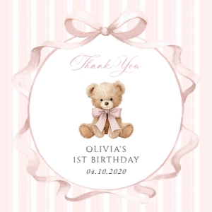 Teddy Bear, Pink Stripes Square Favor Tags, Printable File, SH228: Teddy Bear and Pink Stripes First Birthday Mini Bundle