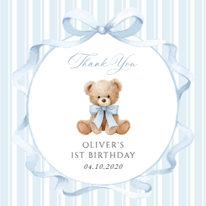 Teddy Bear and Blue Stripes First Birthday Favor Tags design preview