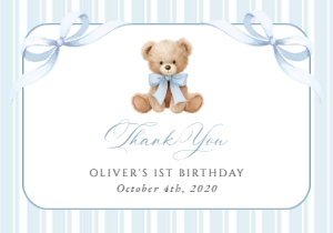 Teddy Bear and Blue Stripes First Birthday Thank You Card design preview