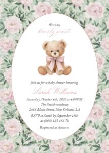 Teddy Bear and Pink Flowers Baby Shower Invitation design preview