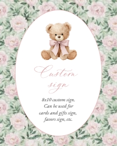 Teddy Bear and Pink Flowers Custom Sign - Baby Shower Sign design preview