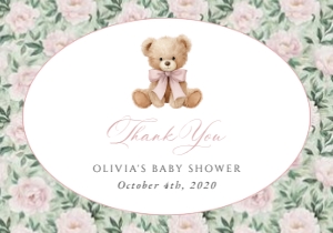 Teddy Bear, Pink Flowers Thank You Card, Girl Baby Shower, Printable File, SH231: Teddy Bear and Pink Flowers Baby Shower Mini Bundle