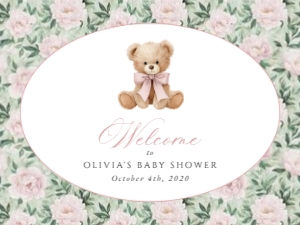 Teddy Bear and Pink Flowers Welcome Sign - Baby Shower Sign design preview