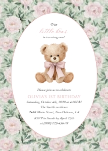 Teddy Bear, Pink Flowers First Birthday Invitation, Girl Birthday, Printable File, SH232: Teddy Bear and Pink Flowers First Birthday Invitation
