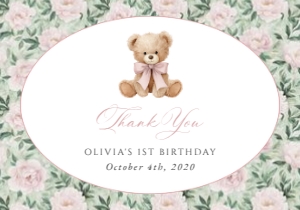 Teddy Bear, Pink Flowers Thank You Card, Girl Birthday, Printable File, SH232: Teddy Bear and Pink Flowers First Birthday Mini Bundle
