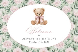 Teddy Bear, Pink Flowers Welcome Sign, Girl Birthday, Printable File, SH232, 24x36: Teddy Bear and Pink Flowers First Birthday Mini Bundle