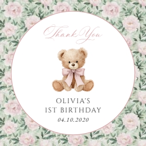 Teddy Bear, Pink Flowers Square Favor Tags, Printable File, SH232: Teddy Bear and Pink Flowers First Birthday Mini Bundle