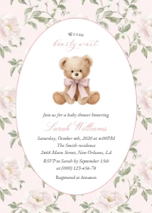 Cute Bear, Pink Flowers Baby Shower Invitation, Girl Baby Shower, Printable File, SH233: Cute Bear and Pink Flowers Baby Shower Invitation Suite