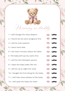 Cute Bear and Pink Flowers Set of 3 Baby Shower Games design preview
