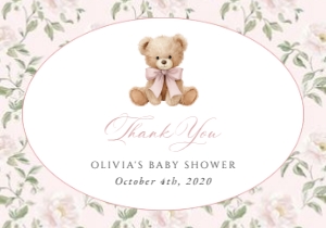 Cute Bear and Pink Flowers Baby Shower Thank You Card design preview