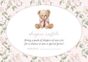 Cute Bear, Pink Flowers Diaper Raffle, Girl Baby Shower, Printable File, SH233: Cute Bear and Pink Flowers Baby Shower Invitation Suite