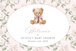 Cute Bear, Pink Flowers Welcome Sign, Girl Baby Shower, Printable File, SH233, 24x36: Cute Bear and Pink Flowers Welcome Sign - Baby Shower Sign