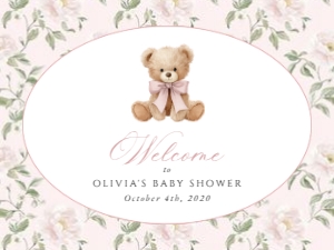 Cute Bear, Pink Flowers Welcome Sign, Girl Baby Shower, Printable File, SH233, 18x24: Cute Bear and Pink Flowers Welcome Sign - Baby Shower Sign