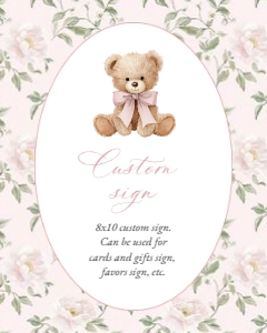 Cute Bear, Pink Flowers Custom Sign, Printable File, SH233 SH234, 8x10: Cute Bear and Pink Flowers Custom Sign - First Birthday Sign