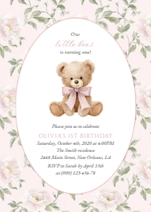 Cute Bear and Pink Flowers First Birthday Invitation design preview