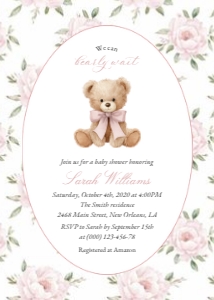 Baby Bear and Pink Flowers Baby Shower Invitation Suite design preview