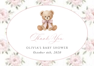 Baby Bear, Pink Flowers Thank You Card, Girl Baby Shower, Printable File, SH235: Baby Bear and Pink Flowers Baby Shower Mini Bundle